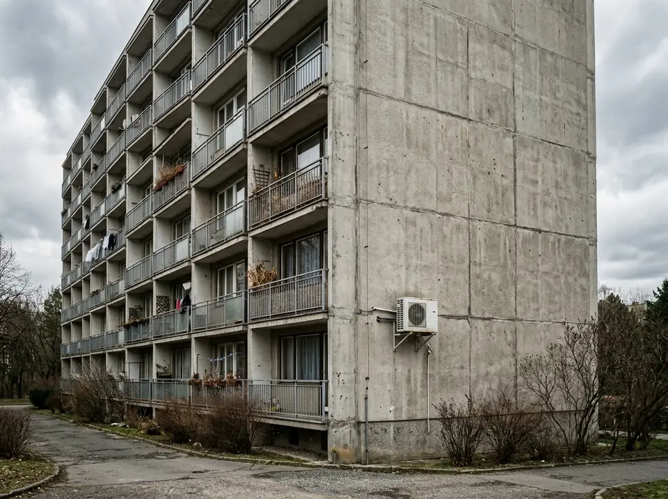 Panelház homlokzata erkélyekkel, konzolon álló fehér kültéri klímaegységgel